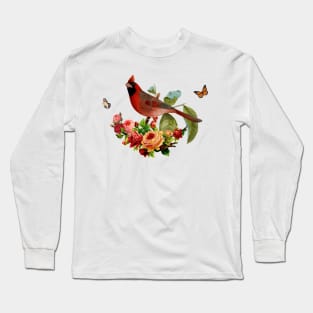 Romantic Red Cardinal Bird With Butterflies & Roses Long Sleeve T-Shirt